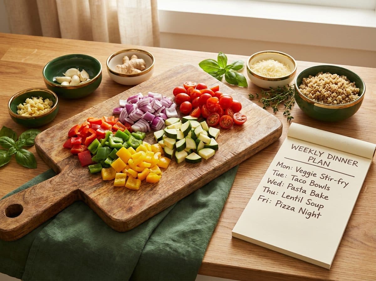 Chopped fresh vegetables on a cutting board next to a handwritten weekly dinner plan