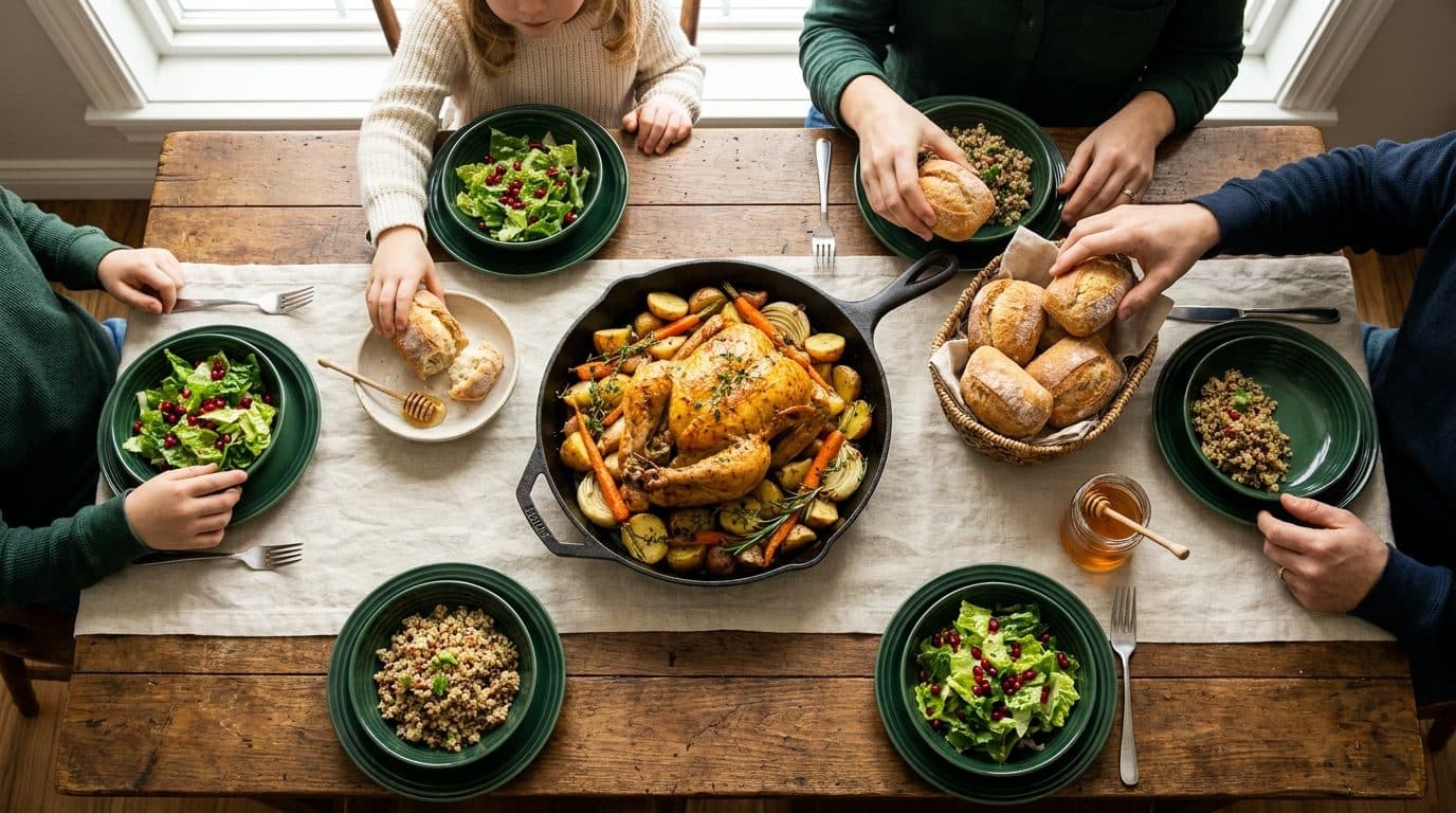A family gathered around a weeknight dinner of skillet-roasted chicken, salads and fresh bread